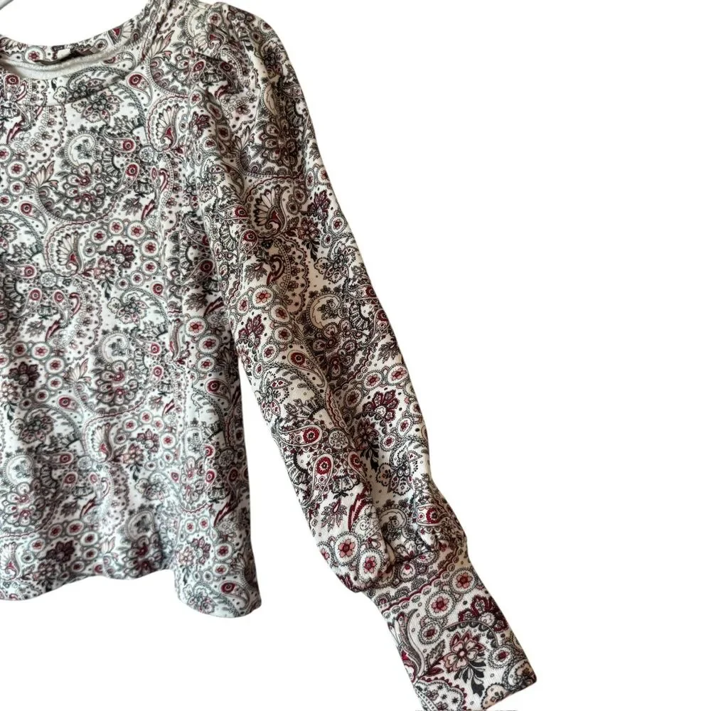 AnnTaylor Loft Sz XXS Petite Red White Paisley Floral Puff Sleeve Top Sweatshirt